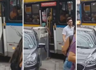 Vídeo: homem é flagrado tentando transportar geladeira em ônibus lotado