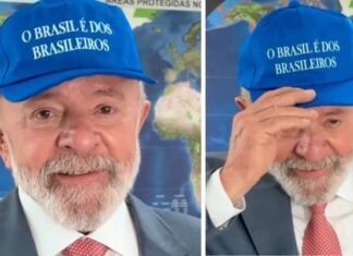 Lula usa um boné azul com o slogan ‘O Brasil é dos brasileiros’