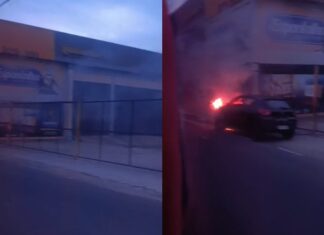 Renault Kwid pega fogo na rotatória do Coroado e assusta motoristas em Manaus