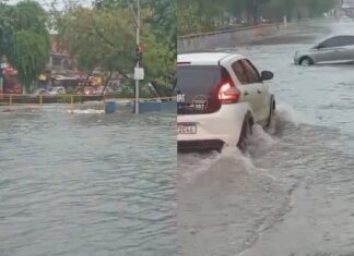 Forte chuva alaga trecho da Avenida Brasil, na Compensa, e complica trânsito na Zona Oeste de Manaus
