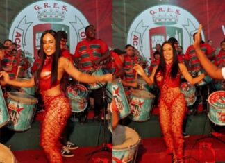 Ex-BBB e cunhã do Garantido, Isabelle Nogueira estreia na Grande Rio com samba e elegância