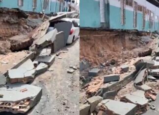 Muro de feira desaba e atinge veículos durante temporal em Manaus
