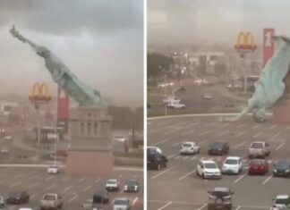 VÍDEO: Estátua da Havan desaba durante forte temporal no Rio Grande do Sul