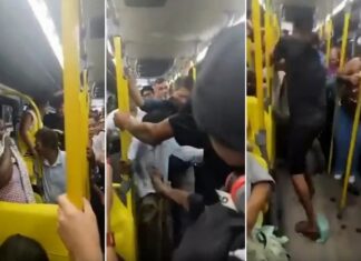 Mulher defeca em ônibus, leva chute e reage jogando fezes em agressor