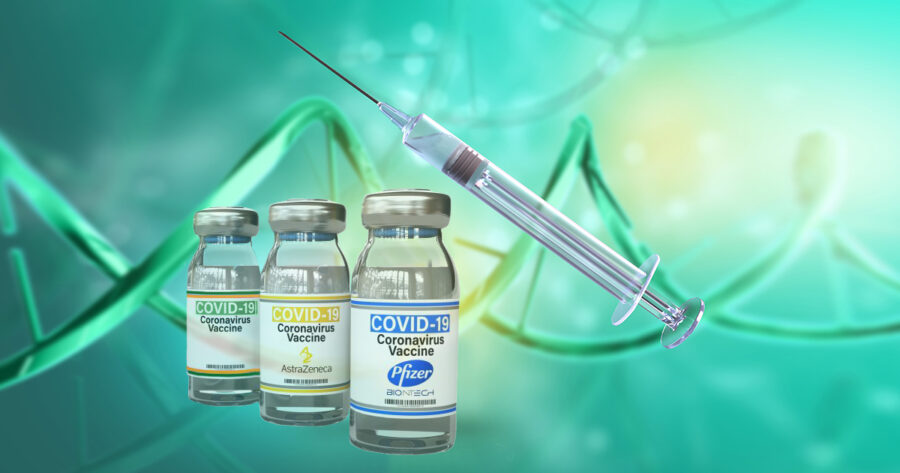 3D medical background with DNA strand and Covid 19 vaccine and s