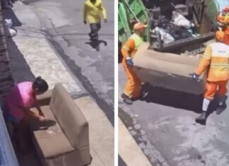 Sofá deixado para secar na calçada é levado por garis que acharam ser descarte; veja vídeo