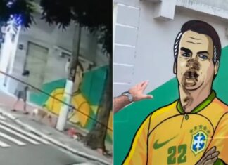 Mulher é flagrada esfregando fezes de cachorro em pintura de Bolsonaro