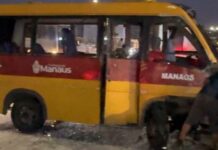 ‘Amarelinho’ transportava 9 passageiros no momento do tombamento em Manaus; cinco ficaram feridos