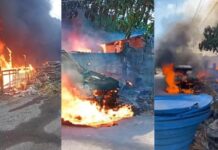 Carro pega fogo e chamas atingem residência no bairro Flores, em Manaus