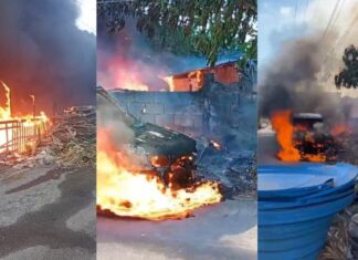 Carro pega fogo e chamas atingem residência no bairro Flores, em Manaus