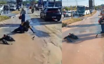 Cratera alagada ‘engole’ motociclista e passageira durante acidente em Manaus
