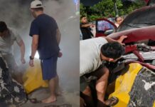Carro bate contra barreira de concreto e pega fogo na Avenida Coronel Teixeira em Manaus
