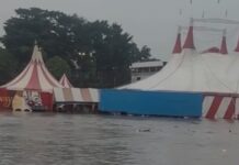 Temporal provoca alagamento e água invade estrutura do Circo Broadway