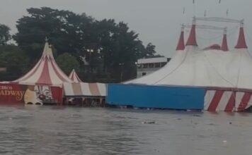 Temporal provoca alagamento e água invade estrutura do Circo Broadway