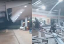 Vídeo mostra momento em que teto de posto desaba durante temporal em Iranduba